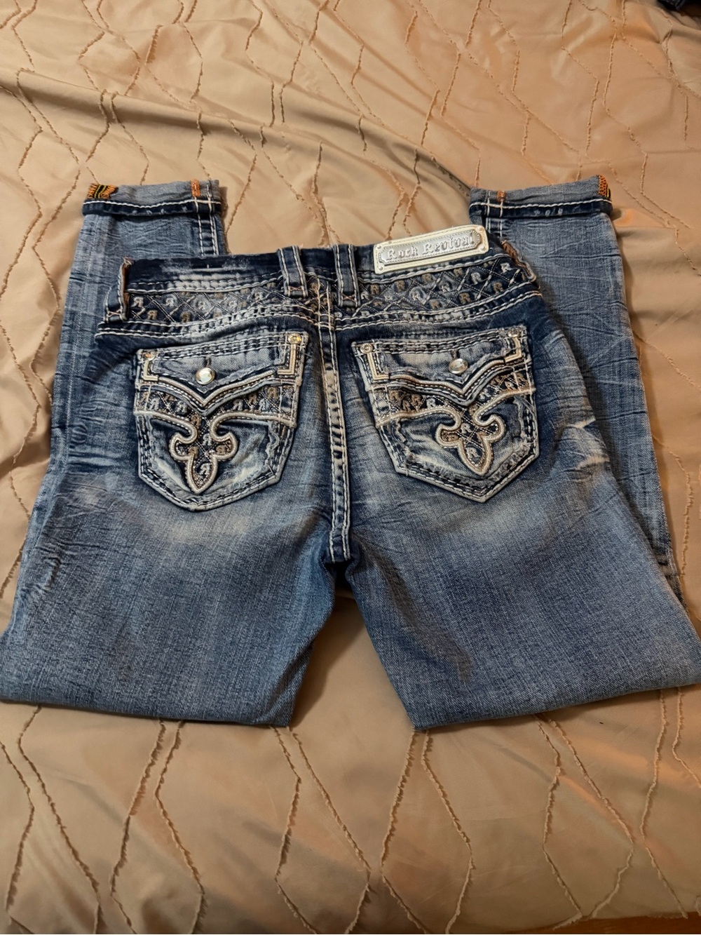 Rock Revival Boot Cut Jeans with Embroidered Back Pockets - Distressed Blue